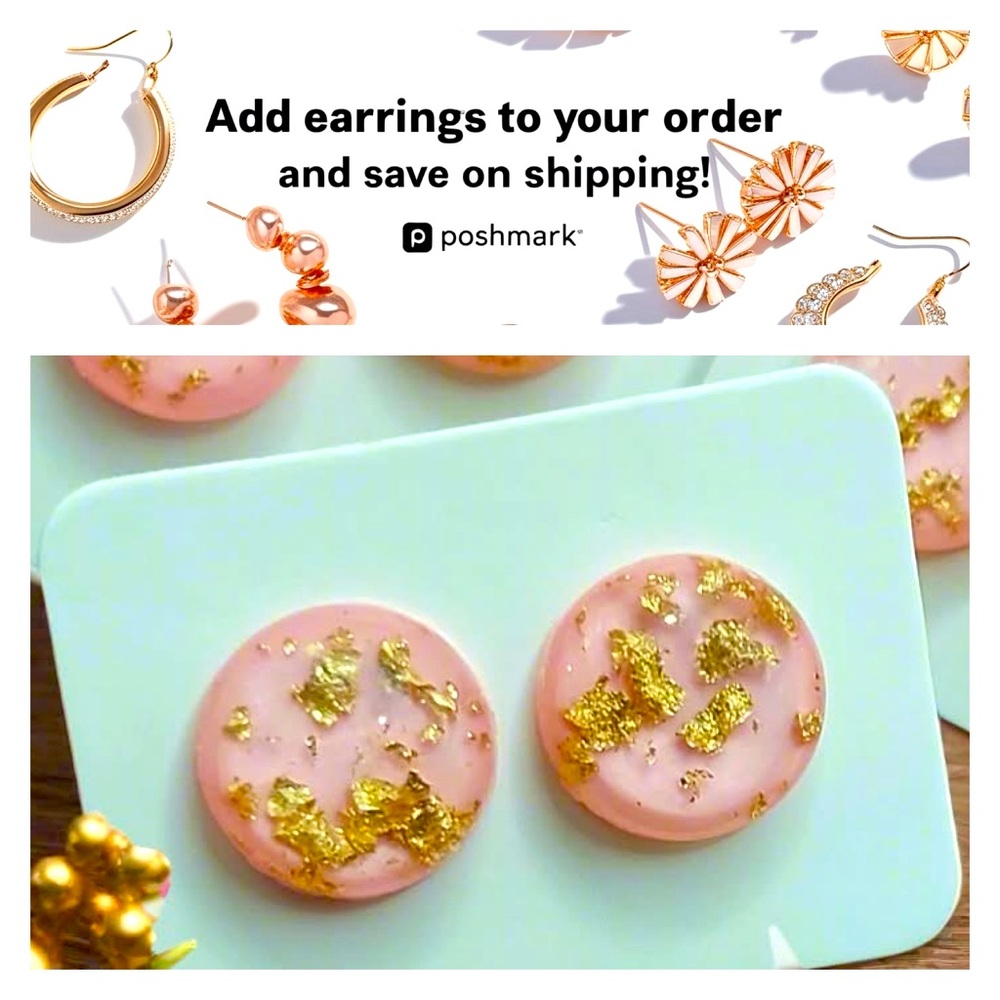 Stud Earrings Round Pink with Gold Foil‎